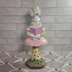 Cottontail Lane Easter Mad Hatter Bunny on Mushroom Resin Figurine Pastels 15.5"